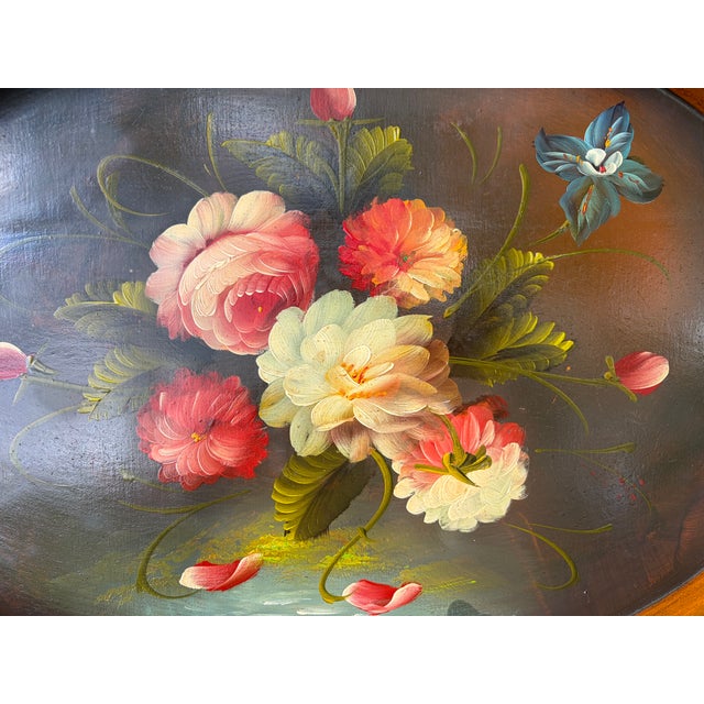 Vintage Oval Wood Floral Tole Painted Tray For Sale - Image 10 of 17