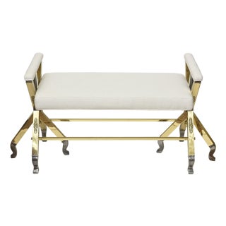 Mid Century Modern 3 Legged Bench With Two Metals and Off White Upholstery, Restored, 1950's For Sale
