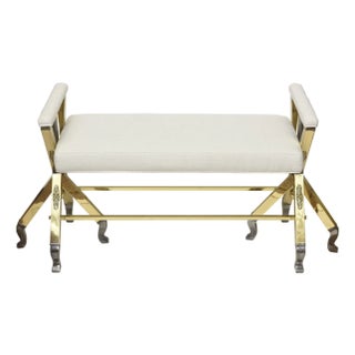 Mid Century Modern 3 Legged Bench With Two Metals and Off White Upholstery, Restored For Sale