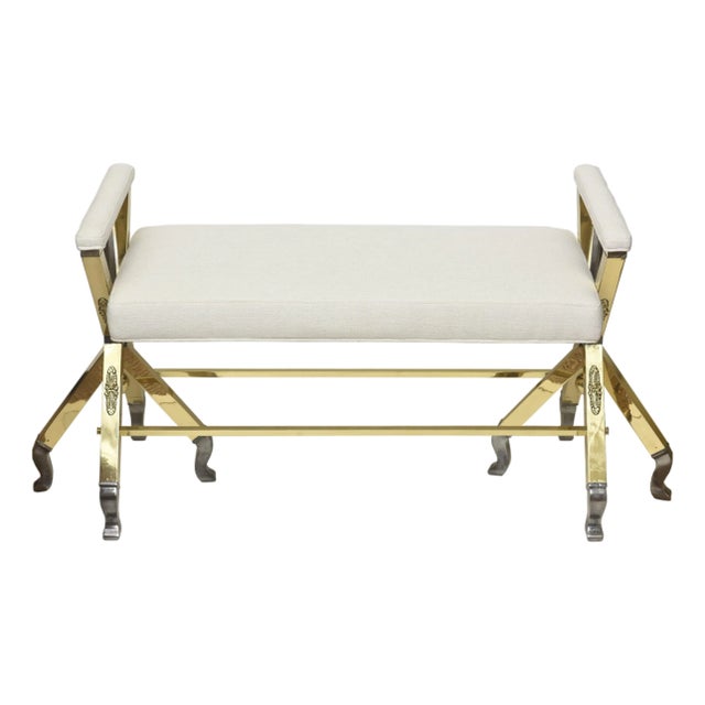 Mid Century Modern 3 Legged Bench With Two Metals and Off White Upholstery, Restored For Sale