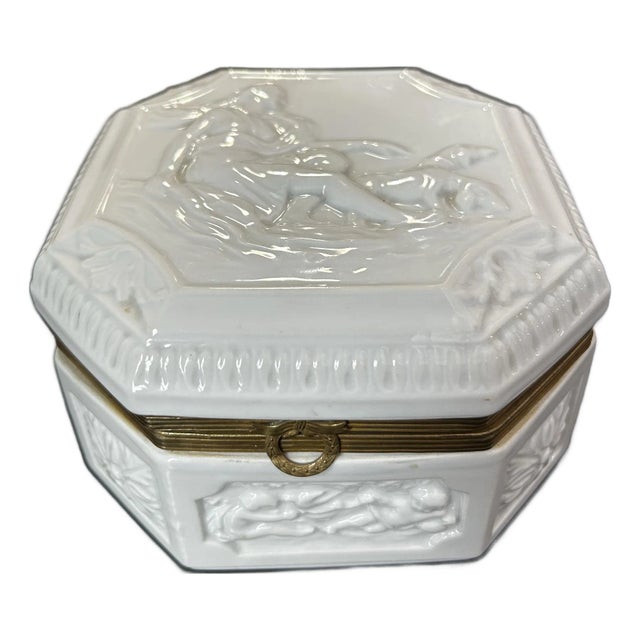 Antique French Blanc De Chine Ironstone With Bronze Dresser Box With Cherubs For Sale