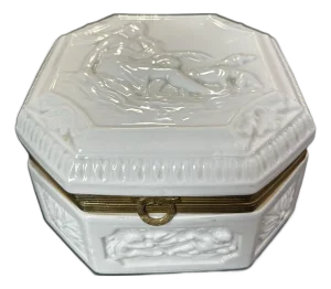 Antique French Blanc De Chine Ironstone With Bronze Dresser Box With Cherubs
