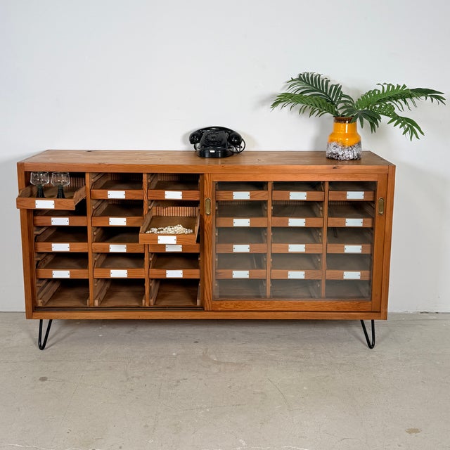 Mid-Century Modern Vintage German Pine Sideboard with 24 Drawers and Glass Sliding Doors, 1960s For Sale - Image 3 of 14