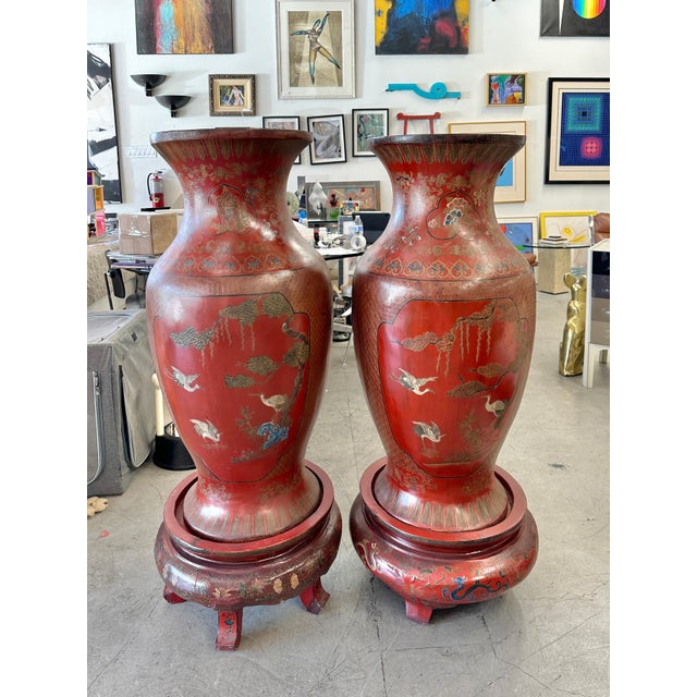 Large 19th Century Chinese Red Lacquered Palace Vases on Stands For Sale - Image 11 of 18