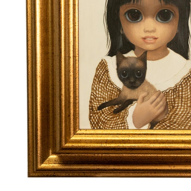 Tan Authentic Oil Painting on Panel "Big Eyes" Beautiful Young Girl With Siamese Cat by Margaret Keane, 1980 For Sale - Image 8 of 14
