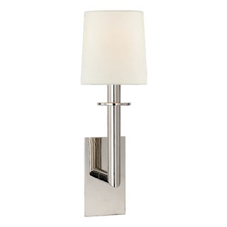 J. Randall Powers for Visual Comfort Signature Dalston Sconce in Polished Nickel with Linen Shade For Sale