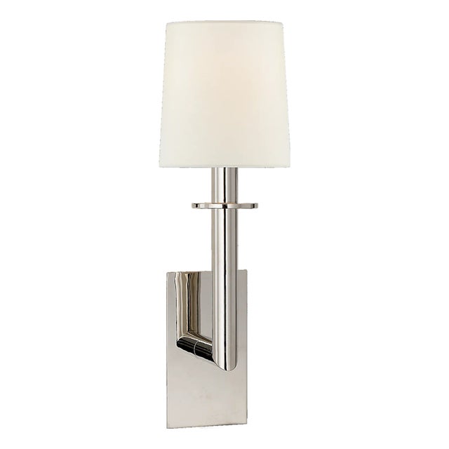J. Randall Powers for Visual Comfort Signature Dalston Sconce in Polished Nickel with Linen Shade For Sale