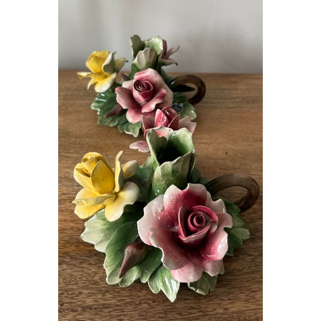 Green Vintage Italian Capodimonte Porcelain Rose Candlestick Holders For Sale - Image 8 of 11