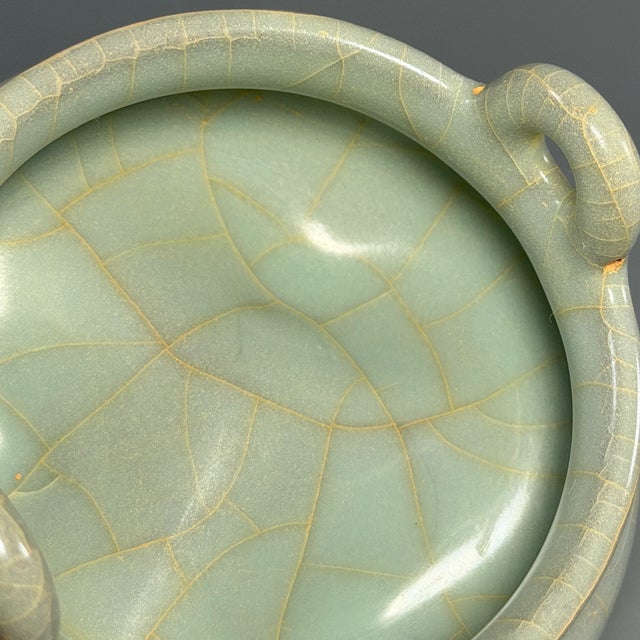 15th Century & Earlier Antique Chinese Official‑Style Celadon Tripod Censer With Loop Handles For Sale - Image 5 of 7