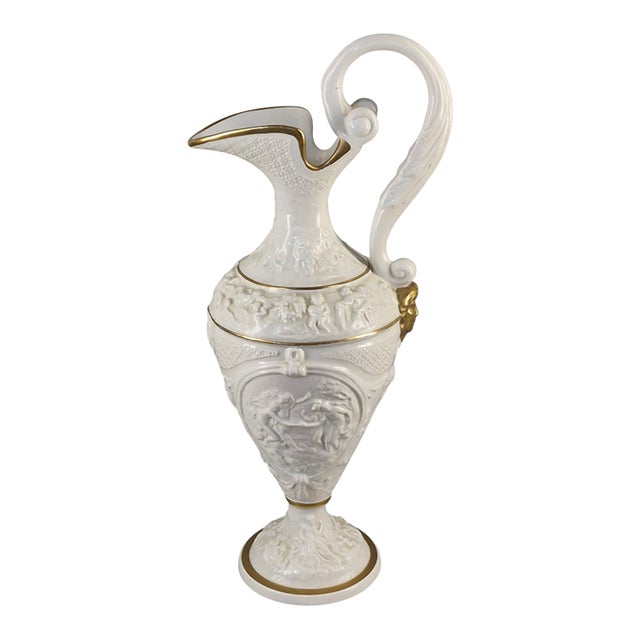 Elegant Neo-Classical Ewer Gilded White Ornate Figural Porcelain Capoimpero Ardald Italy For Sale