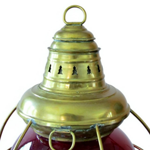 Perkins Marine Lamp Antique Perkins Brass Onion Lantern 20" Ruby Red Glass Nautical Ship Oil Lamp For Sale - Image 4 of 8
