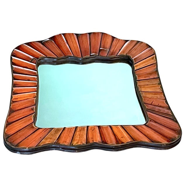 Contemporary Vintage Split Bamboo Wall Mirror With Scalloped Organic Frame, Black Velvet Back For Sale - Image 3 of 7