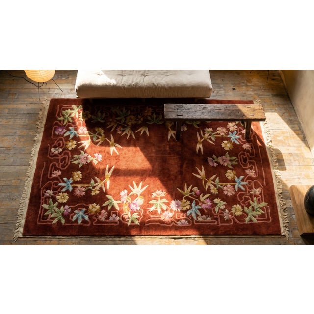 1930s Ruby Red Floral Antique Chinese Art Deco Carpet 4'4" X 6'6" Knotted Wool Rug For Sale - Image 13 of 15