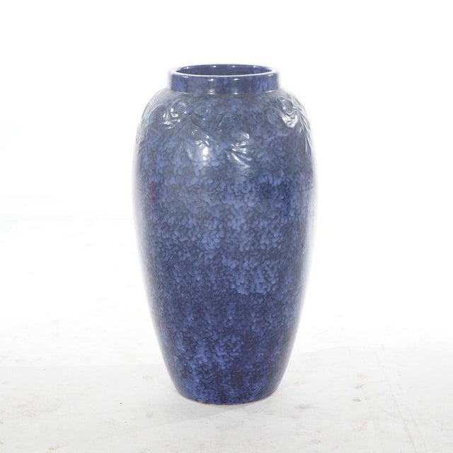 Pair Antique Roseville Art Pottery Floral Embossed Vases With Mottled Blue Glaze For Sale - Image 6 of 6