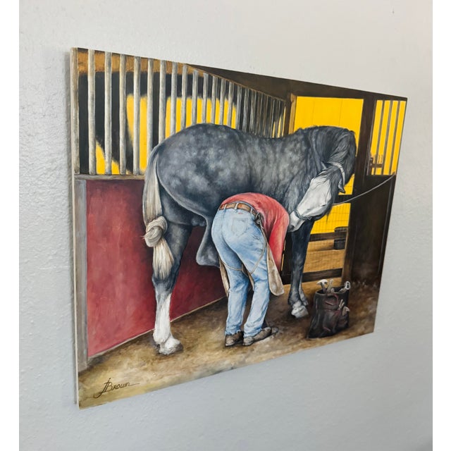 Canary Yellow Original Oil Painting of Irish Draught Horse in Stable by Jan Gordon Brown, 2014 For Sale - Image 8 of 12
