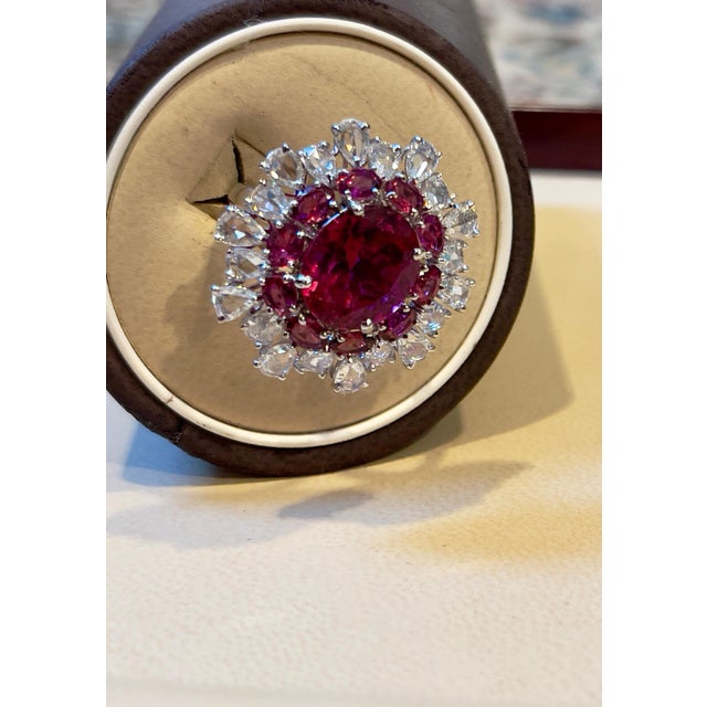 5 Carat Rubelite and 4.5 Carat Diamond 18 Karat White Gold Cocktail Ring Estate For Sale - Image 18 of 18