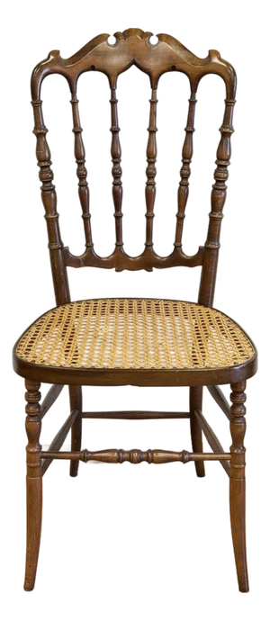 Vintage Chiavari Style Carved Wood Chair With Caned Seat