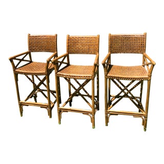 Mid Century McGuire Style Rattan and Leather Bar Chair Stools - Set of 3 For Sale