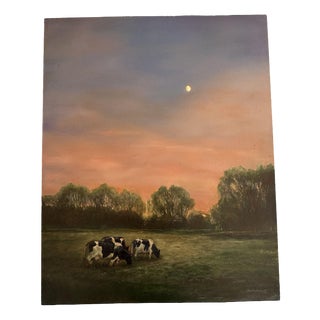 Gustafsen, Pastoral Landscape with Grazing Cows at Dusk, 2002, Oil Painting For Sale