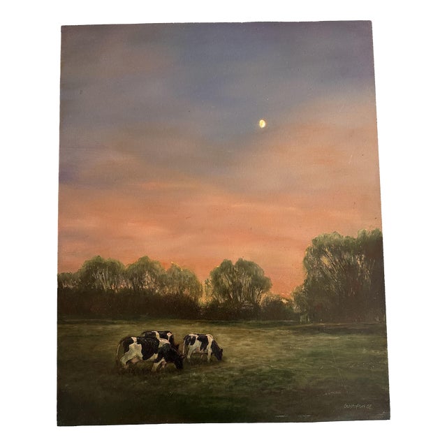 Gustafsen, Pastoral Landscape with Grazing Cows at Dusk, 2002, Oil Painting For Sale