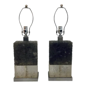 Baker Modern Textured Gray Carved Crystal Table Lamps Pair