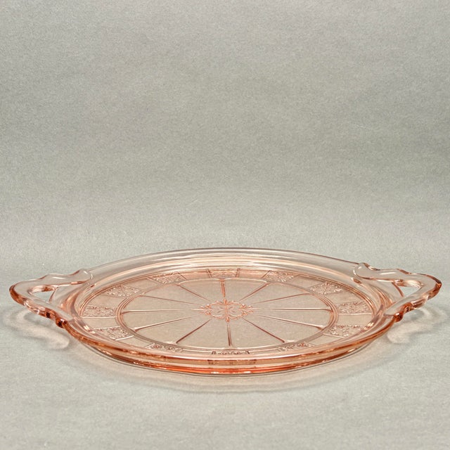 Glass “Vintage Pink Depression Glass Handled Cake Plate in Jeanette Glass “Doric” Pattern” For Sale - Image 7 of 10