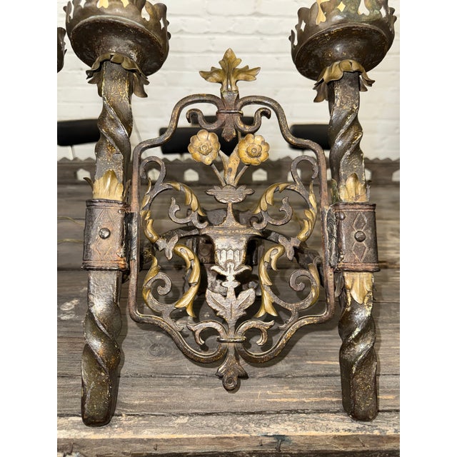 Spanish Revival Pair of 1920s Spanish Revival Iron Sconces, Hand-Forged With Gilded Floral Details For Sale - Image 3 of 12