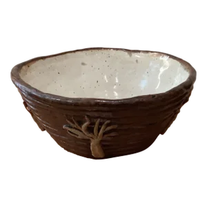 Late 20th Century Vintage Modern Brown Wiggle Glazed Pottery Bowl With Decor Tree