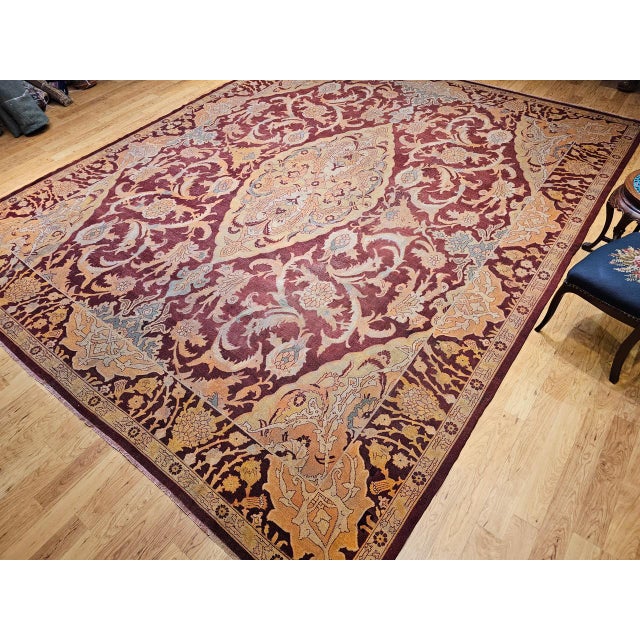 Textile 19th Century Handwoven Amritsar Rug, Handwoven Wool, Mughal Design, Burgundy & Tan, 12' X 14' For Sale - Image 7 of 18