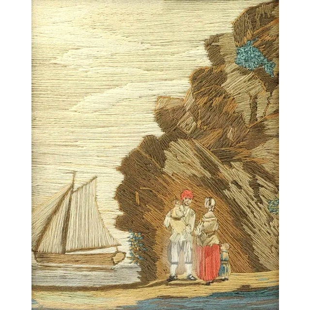 Mid 19th Century British Woolwork of a Family of Man, Wife and Child on the Seashore With Ship in Bay For Sale - Image 5 of 7