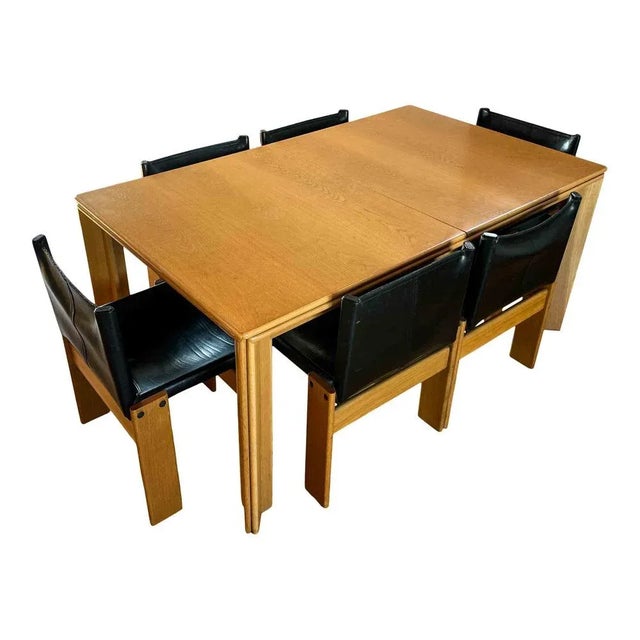 Mid-Century Modern Monk Dining Chairs and Table in Black Leather and Beech by Tobia & Afra Scarpa for Molteni, 1973, Set of 7 For Sale - Image 3 of 18