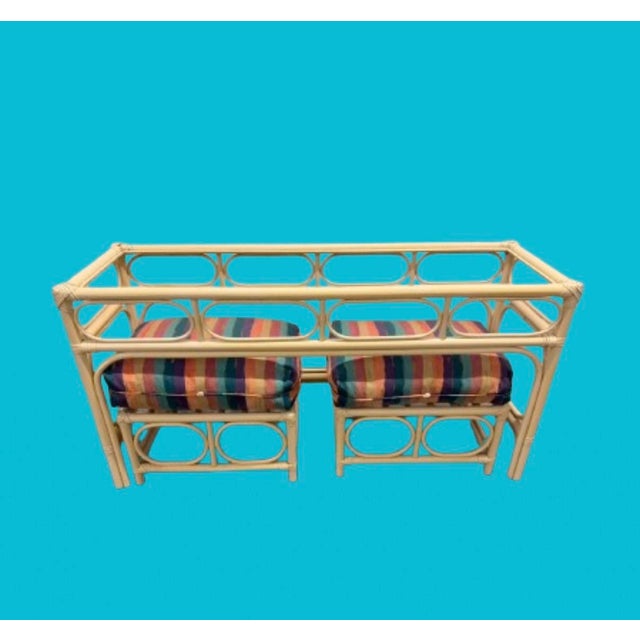 Wood 1970s Vintage Coastal Bamboo & Rattan Console Table With Matching Ottomans For Sale - Image 7 of 9