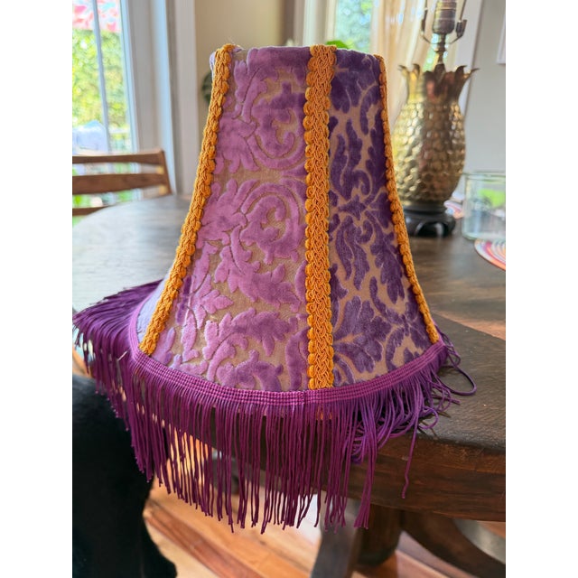 Hollywood Regency Vintage Purple Velvet Leaf Lamp Shade With Gold Lining & Mustard Trim For Sale - Image 3 of 6