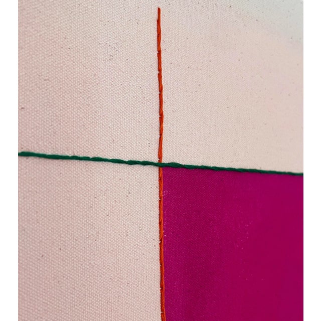 Emily Keating Snyder Magenta/Snail Pink With Persimmon Grid, 2023 Acrylic with embroidery on raw canvas 24 x 24 x 1.50 in...