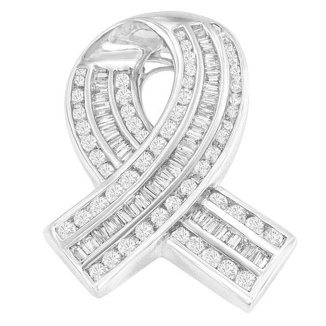Contemporary 14K White Gold 2 5/8 Cttw Channel Set Round and Baguette Diamond Awareness Ribbon Pendant (H-I Color, I1-I2 Clarity) - Chain Not Included For Sale - Image 3 of 5