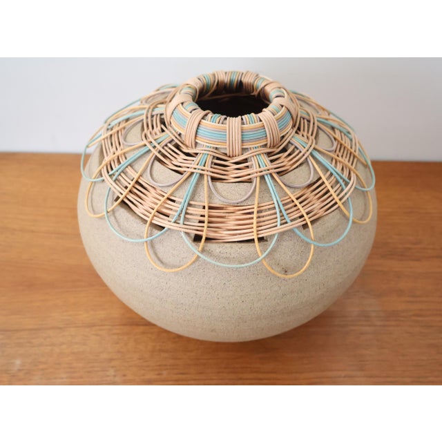 Signed Studio Pottery Basket Vase, Hilda Kidd Wiesenmeyer 2007 — Stoneware Vessel, Hand-Woven Dyed Reed Collar, American Fiber Art Ceramic For Sale - Image 10 of 10