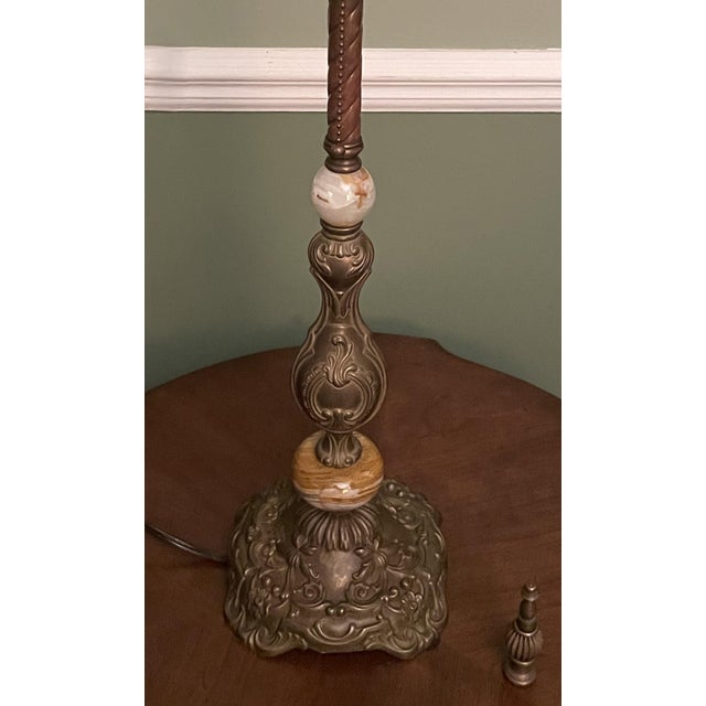 Vintage Victorian Revival Table Lamp Heavy Brass Stone Base Amber Fringe Shade For Sale - Image 10 of 16