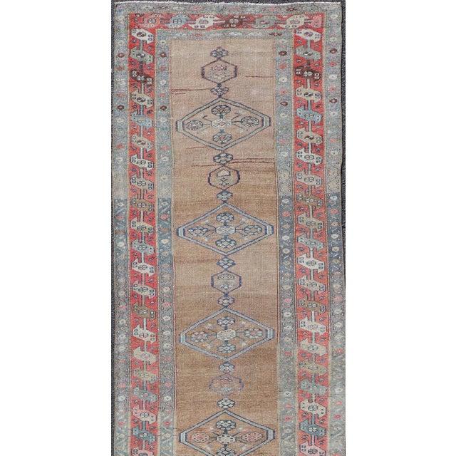 Antique Sarab Runner With Sub-Geometric Medallion Design in Red, Blue & Brown For Sale - Image 4 of 12