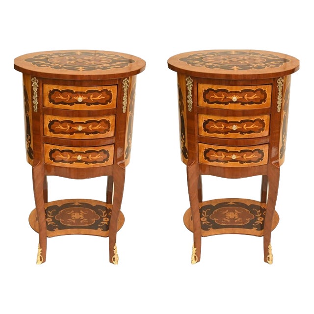 French Louis XVI Revival Marquetry Nightstands, Set of 2 For Sale