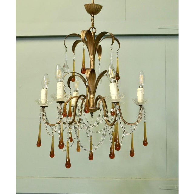 Glass French Gilt Tolewear Chandelier with Amber Crystal Teardrops, 1910 For Sale - Image 7 of 9