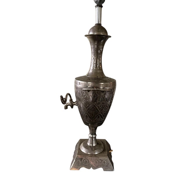 Art Nouveau Antique Engraved, Silvered Brass Samovar Table Lamp, Middle Eastern For Sale - Image 3 of 9