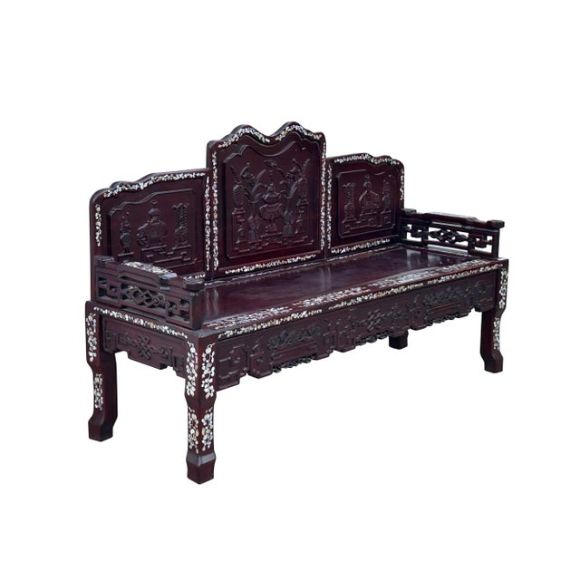 Chinese Red Rosewood & Mother of Pearl Bench For Sale - Image 4 of 12