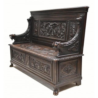 English Monks Bench in Carved Oak, 1880 For Sale