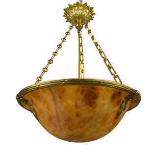 French Neoclassical Style Amber Alabaster and Bronze Pendant Light, 1920 For Sale
