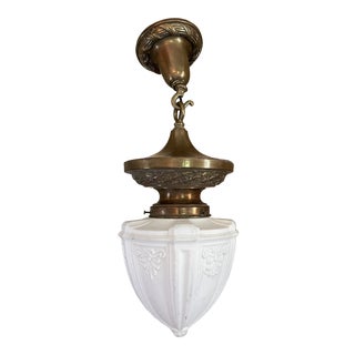 Vintage 1930s Brass and White Glass Pendant Light For Sale
