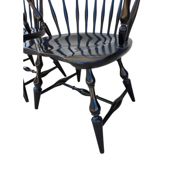 Black 1990s 2 Nichols & Stone Windsor Armchairs Bow Comb Back Saddle Seat Distressed Country For Sale - Image 8 of 16