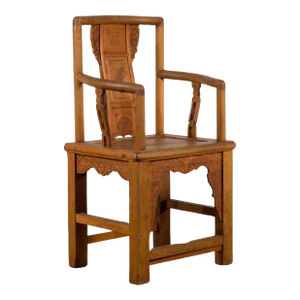 Chinese 19th Century Qing Dynasty Elm Armchair with Carved Traditional Motifs