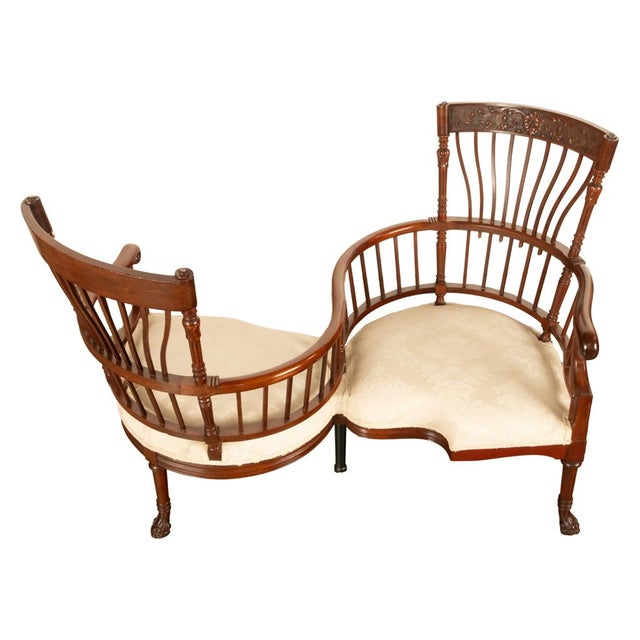 Traditional Antique American Carved Mahogany Conversation Sofa Chair Loveseat Tête-À-Tête, Circa For Sale - Image 3 of 17