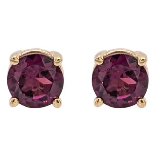 Solitaire 4mm Madagascar Rhodolite Garnet Studs in 14k Gold - 4-Prong Design, A Pair For Sale