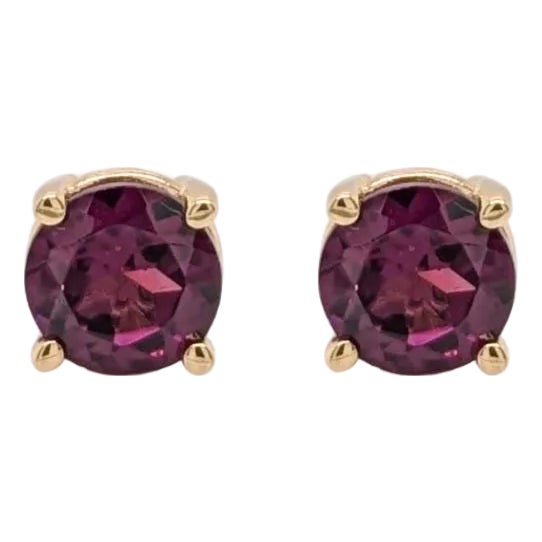 Solitaire 4mm Madagascar Rhodolite Garnet Studs in 14k Gold - 4-Prong Design, A Pair For Sale